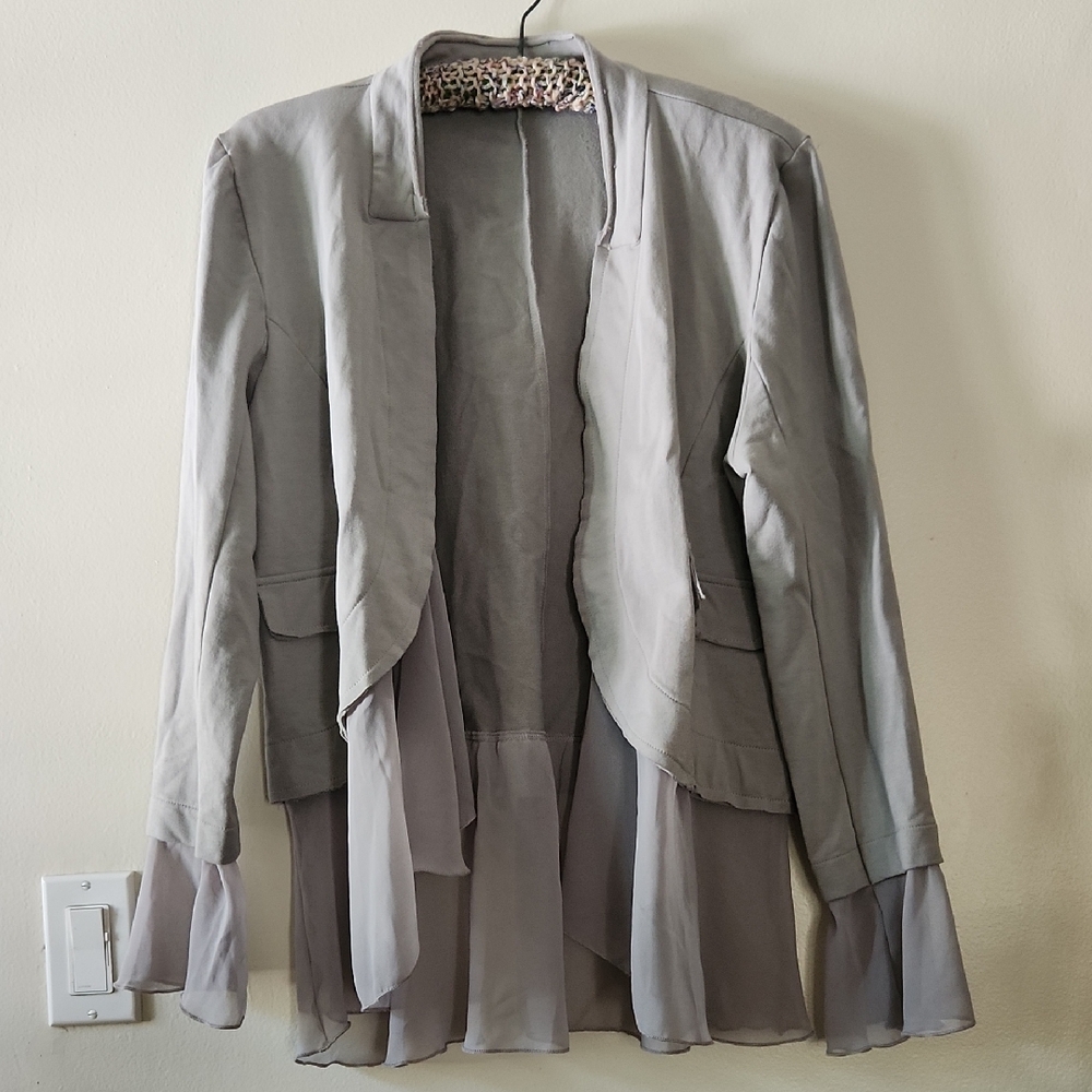 Soft Surroundings Light Gray Draped Blazer with Sheer Ruffle Hem